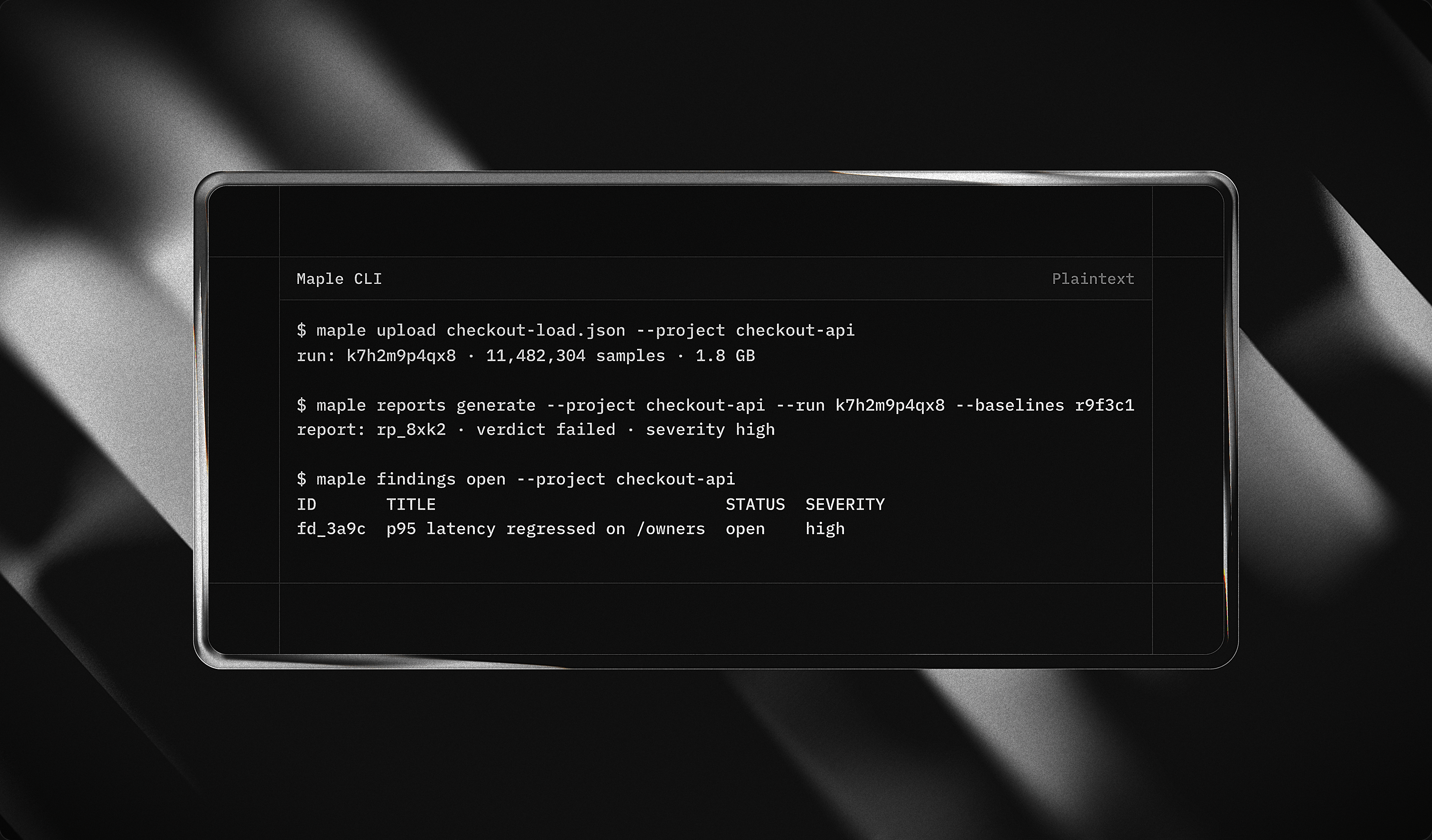 The maple CLI running upload, report generation, and findings